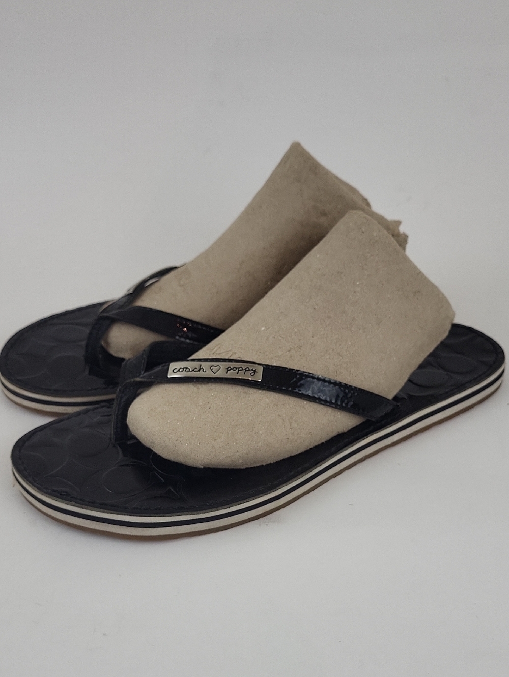 Coach Poppy Wilma Black Patent Leather Thong Flip Flops Size 11 B